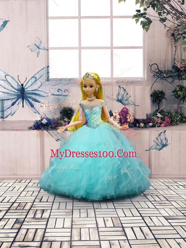Modest Off The Shoulder Sleeveless Sweet 16 Dresses Floor Length Embroidery and Ruffles Aqua Blue Tulle