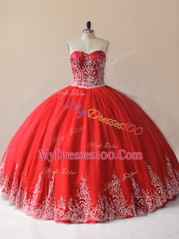 Gorgeous Sleeveless Floor Length Embroidery Lace Up Vestidos de Quinceanera with Red