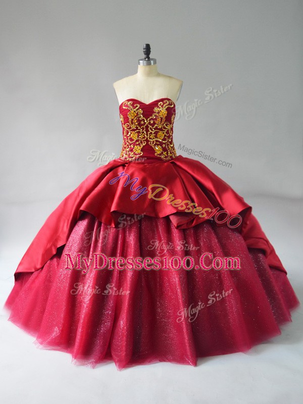 Fancy Wine Red Ball Gowns Beading and Embroidery 15th Birthday Dress Lace Up Satin and Tulle Sleeveless