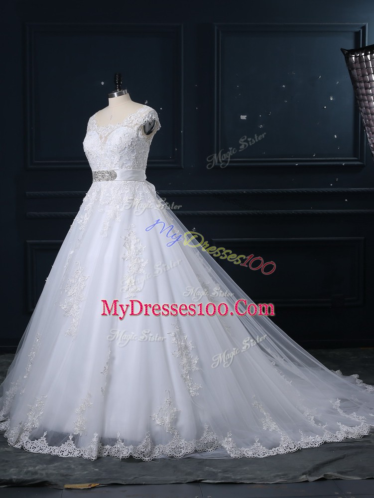 Tulle Sleeveless Wedding Dress Brush Train and Beading and Lace