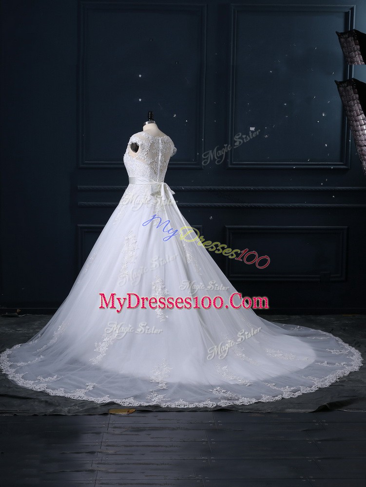 Tulle Sleeveless Wedding Dress Brush Train and Beading and Lace