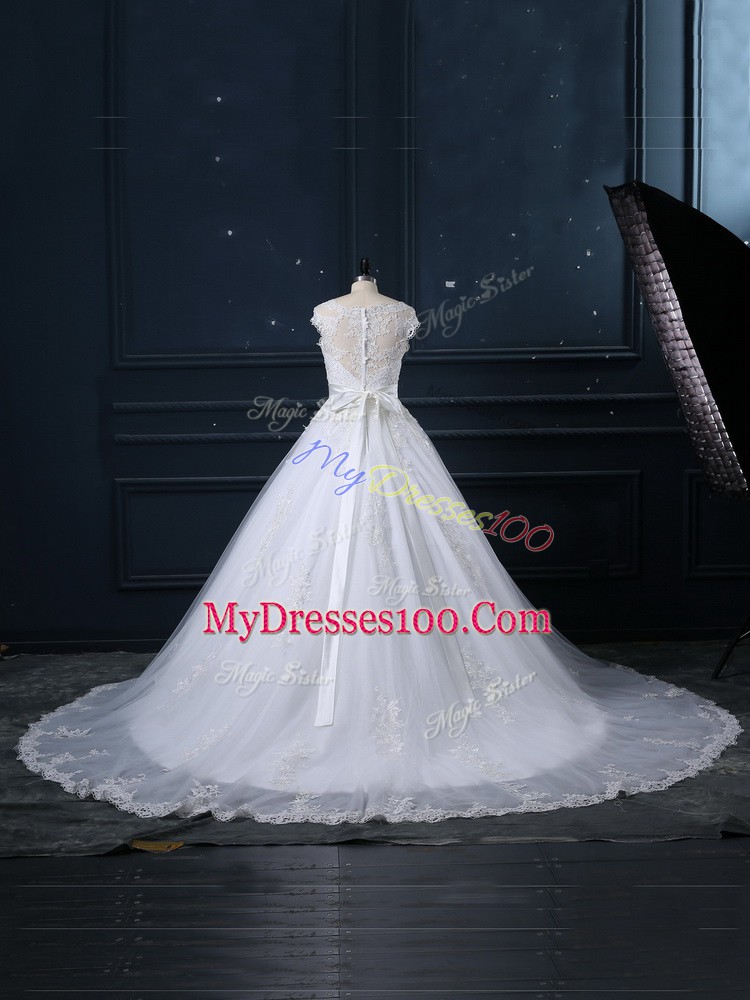 Tulle Sleeveless Wedding Dress Brush Train and Beading and Lace
