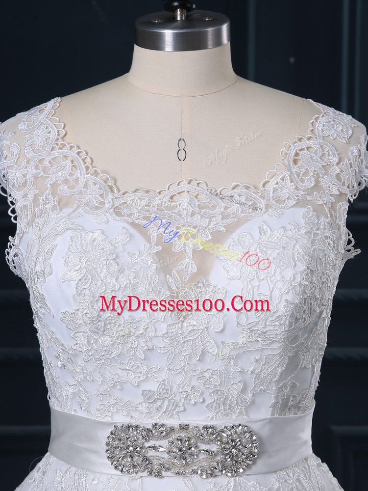 Tulle Sleeveless Wedding Dress Brush Train and Beading and Lace