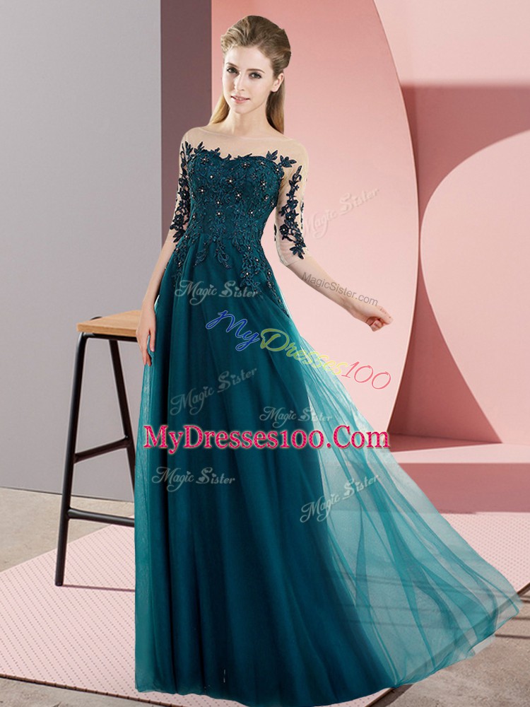 Sweet Peacock Green Empire Beading and Lace Vestidos de Damas Lace Up Chiffon Half Sleeves Floor Length