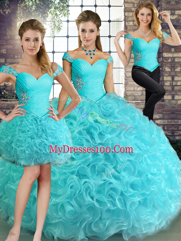 Aqua Blue Sleeveless Floor Length Beading Lace Up Quinceanera Gown