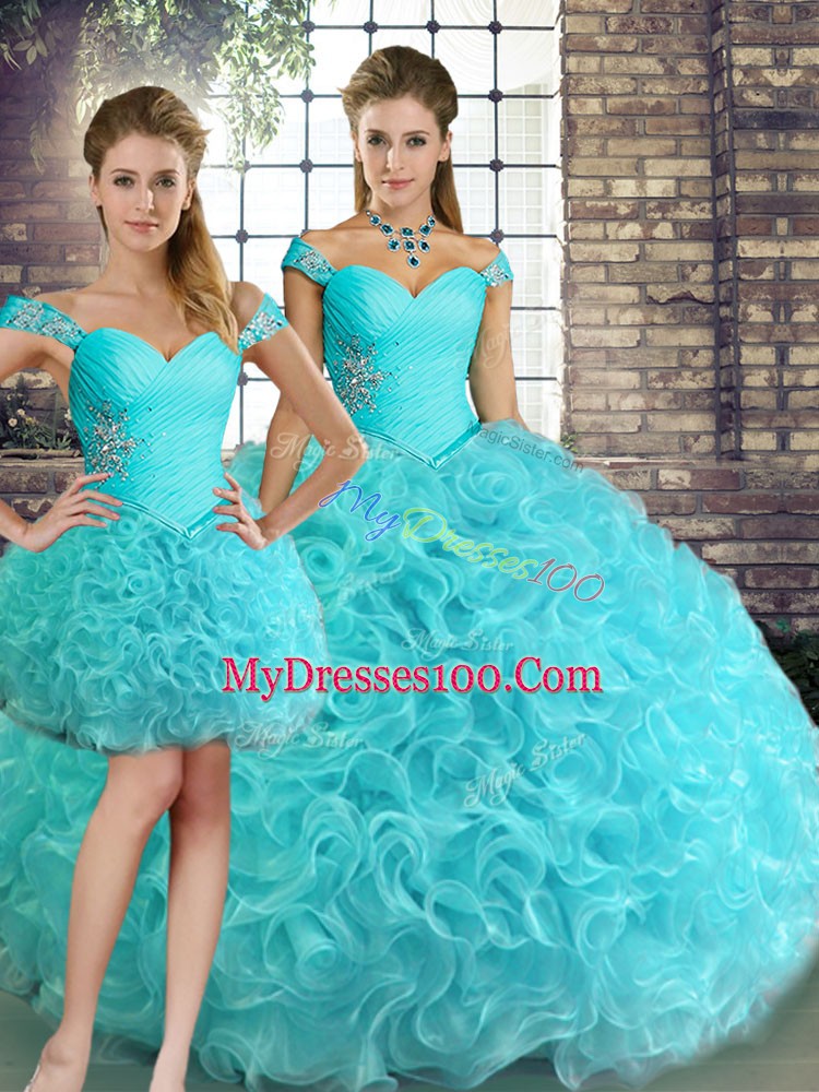 Aqua Blue Sleeveless Floor Length Beading Lace Up Quinceanera Gown