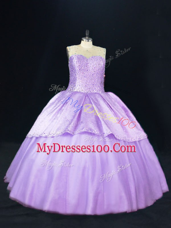 Flirting Lavender Sleeveless Beading Floor Length Vestidos de Quinceanera