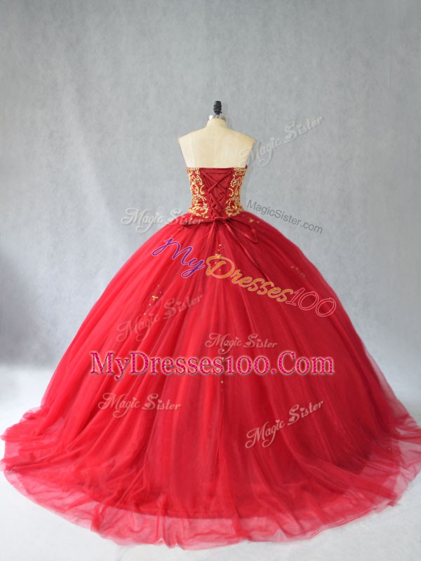 Most Popular Brush Train Ball Gowns Quince Ball Gowns Red Sweetheart Tulle Sleeveless Lace Up