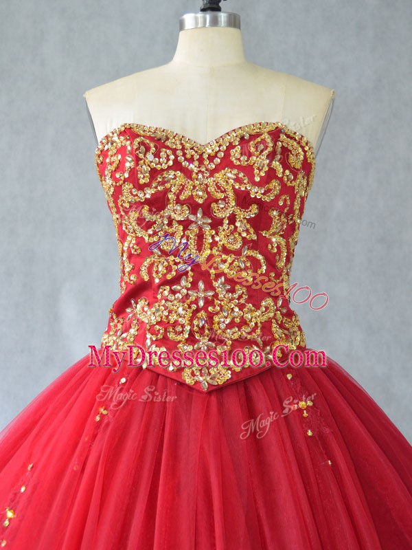 Most Popular Brush Train Ball Gowns Quince Ball Gowns Red Sweetheart Tulle Sleeveless Lace Up