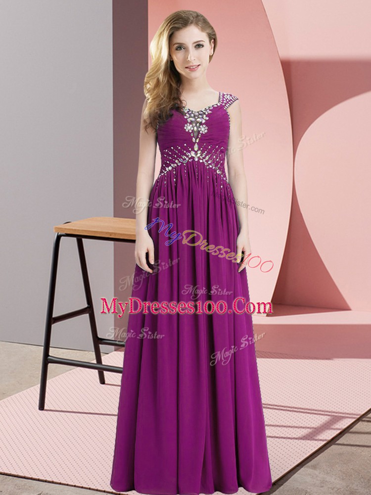 Fuchsia Empire Chiffon Straps Cap Sleeves Beading Floor Length Lace Up Dress for Prom