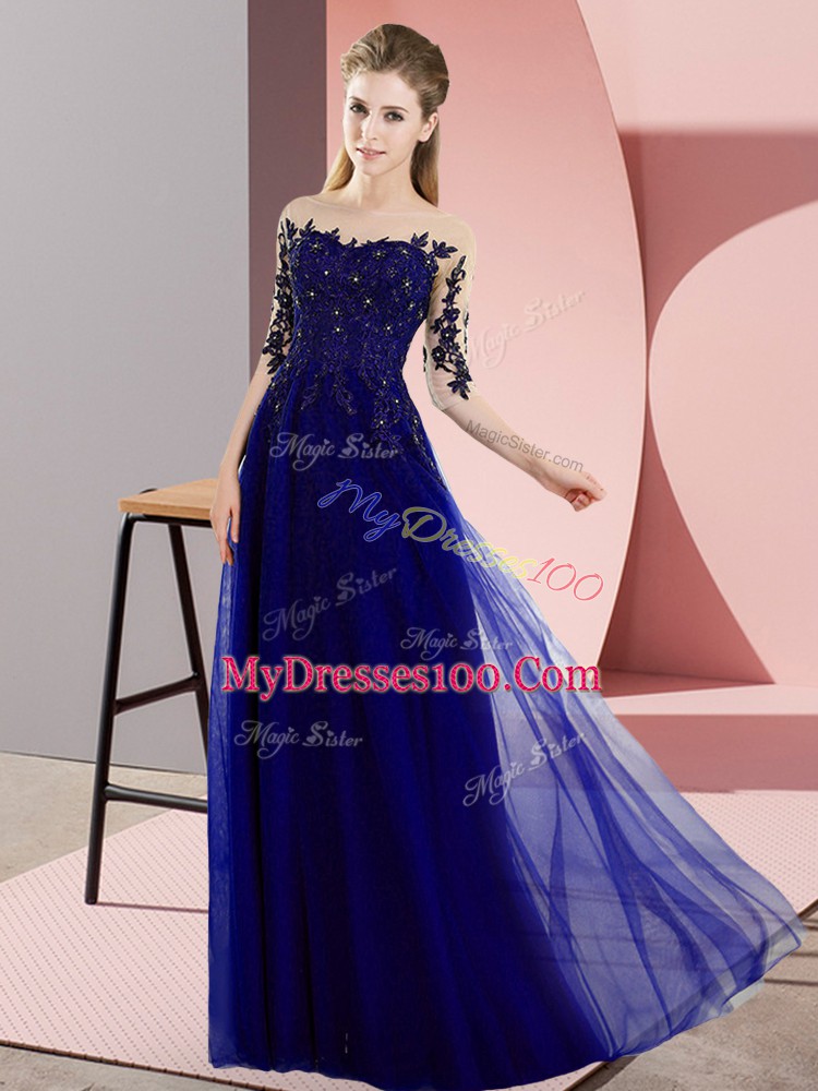 Blue Bateau Neckline Beading and Lace Court Dresses for Sweet 16 Half Sleeves Lace Up