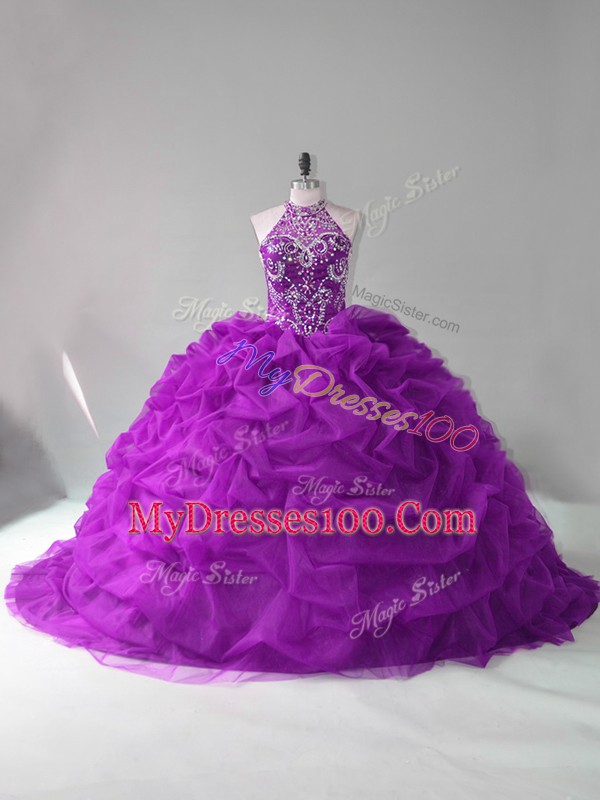 Sleeveless Court Train Lace Up Beading and Pick Ups Quince Ball Gowns