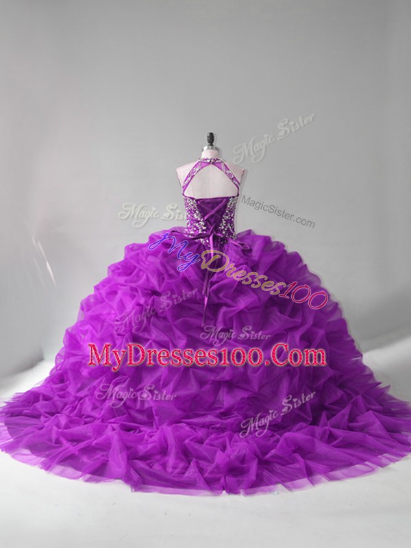 Sleeveless Court Train Lace Up Beading and Pick Ups Quince Ball Gowns