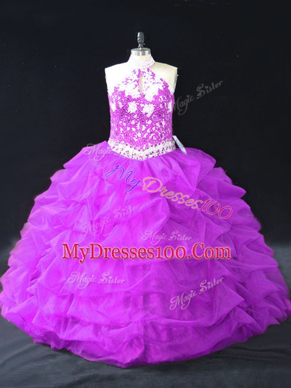 Exceptional Floor Length Purple Quinceanera Gowns Organza Sleeveless Beading and Pick Ups