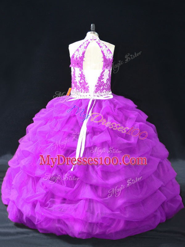 Exceptional Floor Length Purple Quinceanera Gowns Organza Sleeveless Beading and Pick Ups