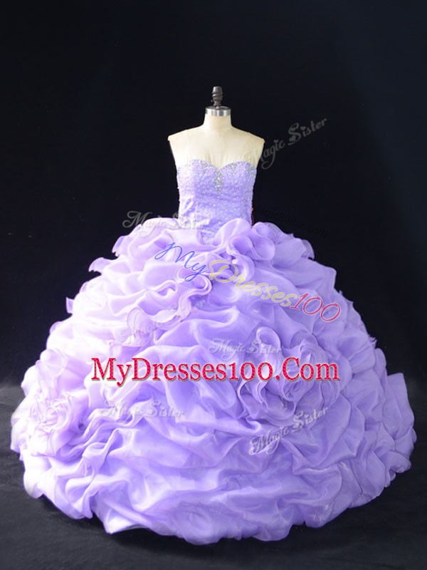 Lavender Ball Gowns Organza Sweetheart Sleeveless Beading and Pick Ups and Hand Made Flower Lace Up Quince Ball Gowns