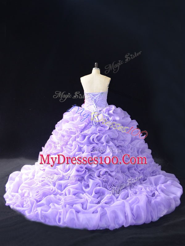 Lavender Ball Gowns Organza Sweetheart Sleeveless Beading and Pick Ups and Hand Made Flower Lace Up Quince Ball Gowns