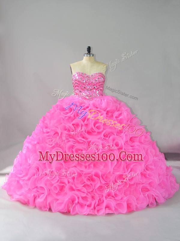 Hot Selling Hot Pink Lace Up Sweet 16 Quinceanera Dress Beading and Ruffles Sleeveless Floor Length