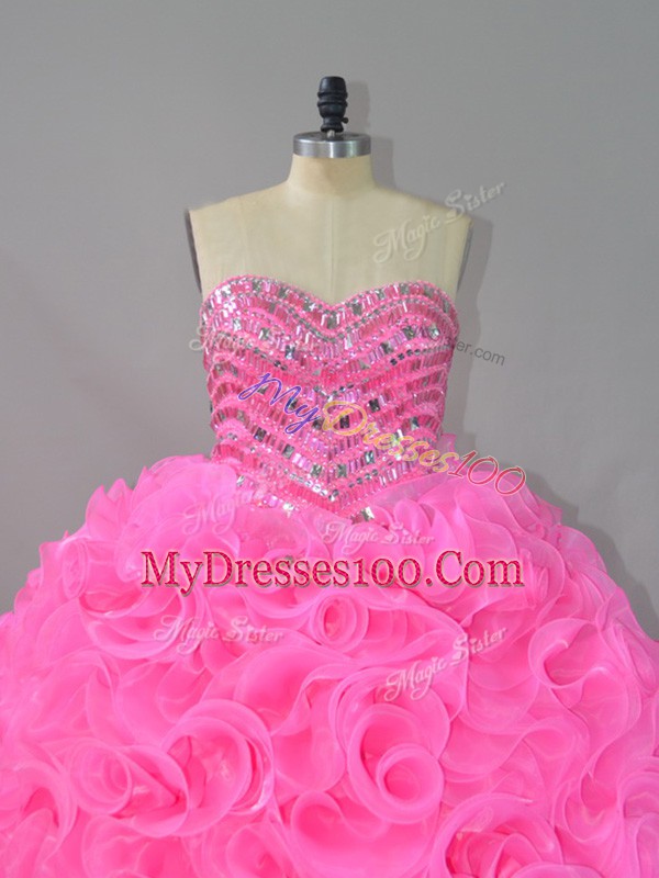 Hot Selling Hot Pink Lace Up Sweet 16 Quinceanera Dress Beading and Ruffles Sleeveless Floor Length