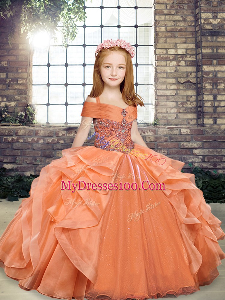 Latest Orange Lace Up Straps Beading and Ruffles Little Girl Pageant Dress Organza Sleeveless