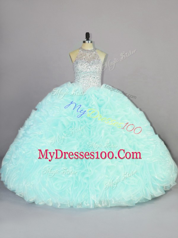 Apple Green Ball Gowns Beading and Ruffles Sweet 16 Dress Lace Up Organza Sleeveless Floor Length