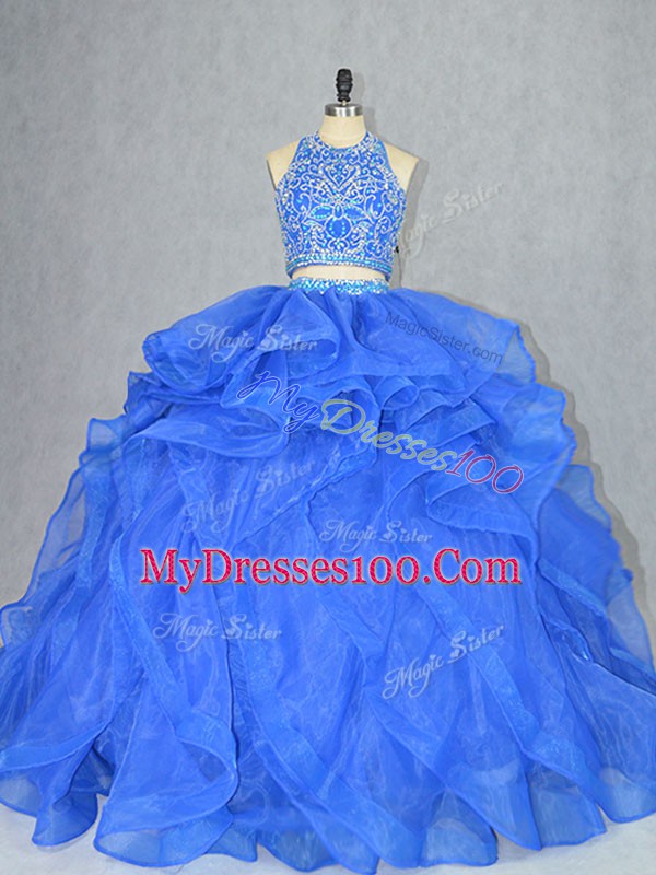 Fancy Blue Backless Quinceanera Gowns Beading and Ruffles Sleeveless Court Train