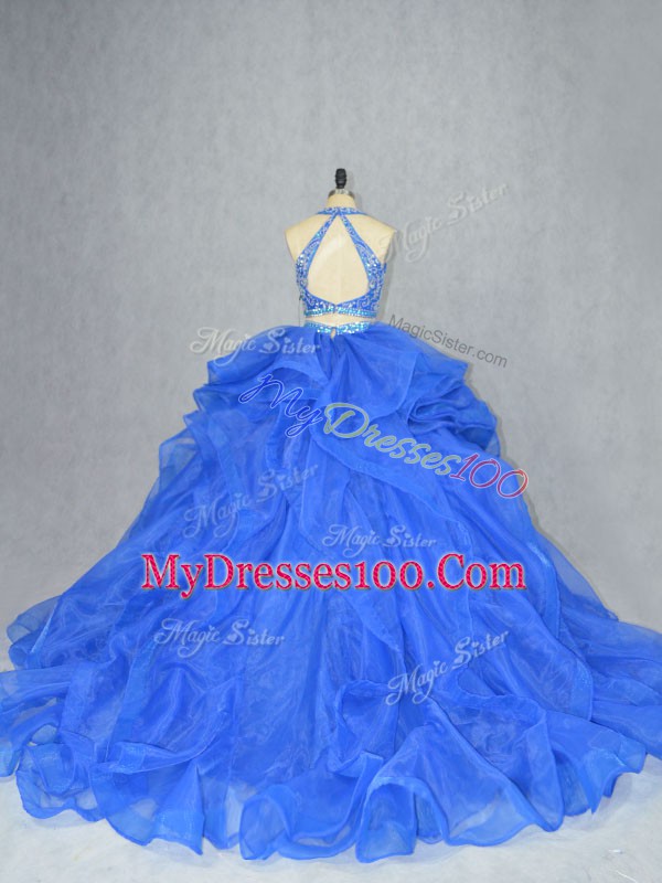 Fancy Blue Backless Quinceanera Gowns Beading and Ruffles Sleeveless Court Train