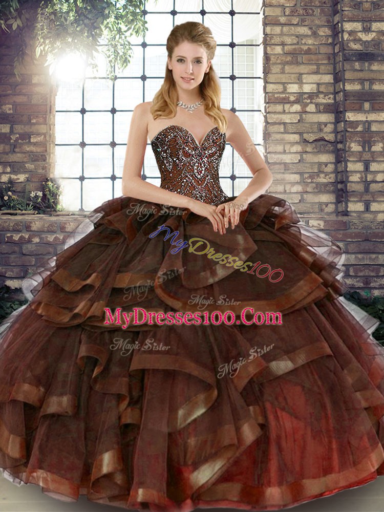 Brown Ball Gowns Sweetheart Sleeveless Tulle Floor Length Lace Up Beading and Ruffles Vestidos de Quinceanera