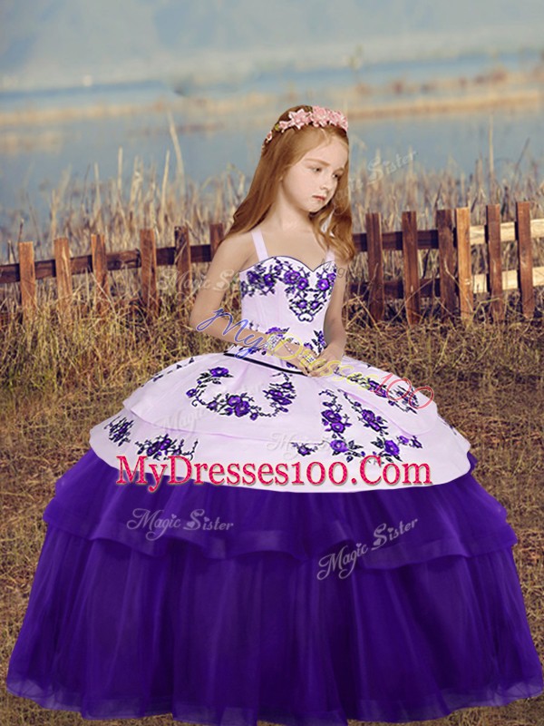 Stylish Sleeveless Tulle Floor Length Side Zipper Girls Pageant Dresses in Eggplant Purple with Embroidery