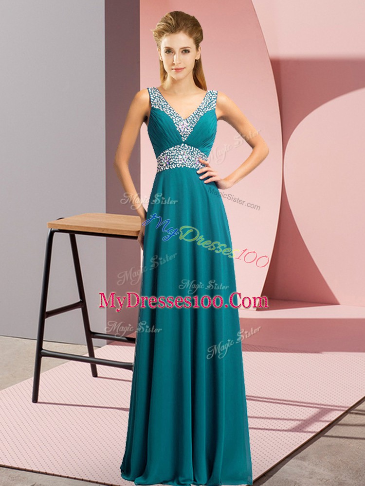 Luxurious Teal V-neck Neckline Beading Prom Evening Gown Sleeveless Lace Up