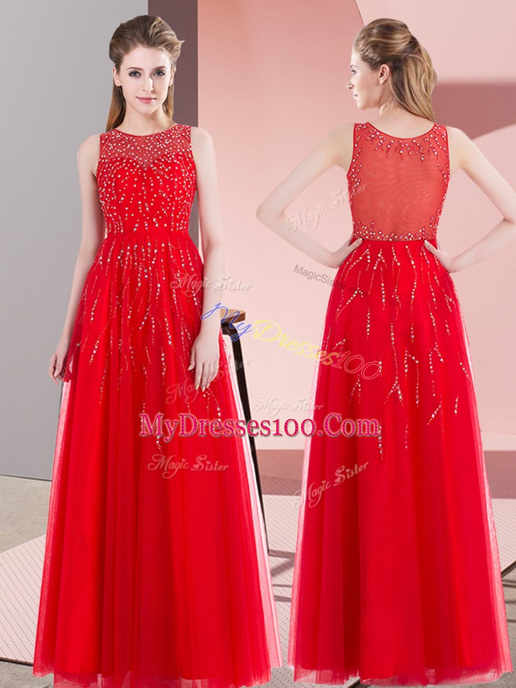 Dynamic Red Sleeveless Floor Length Beading Side Zipper Prom Party Dress