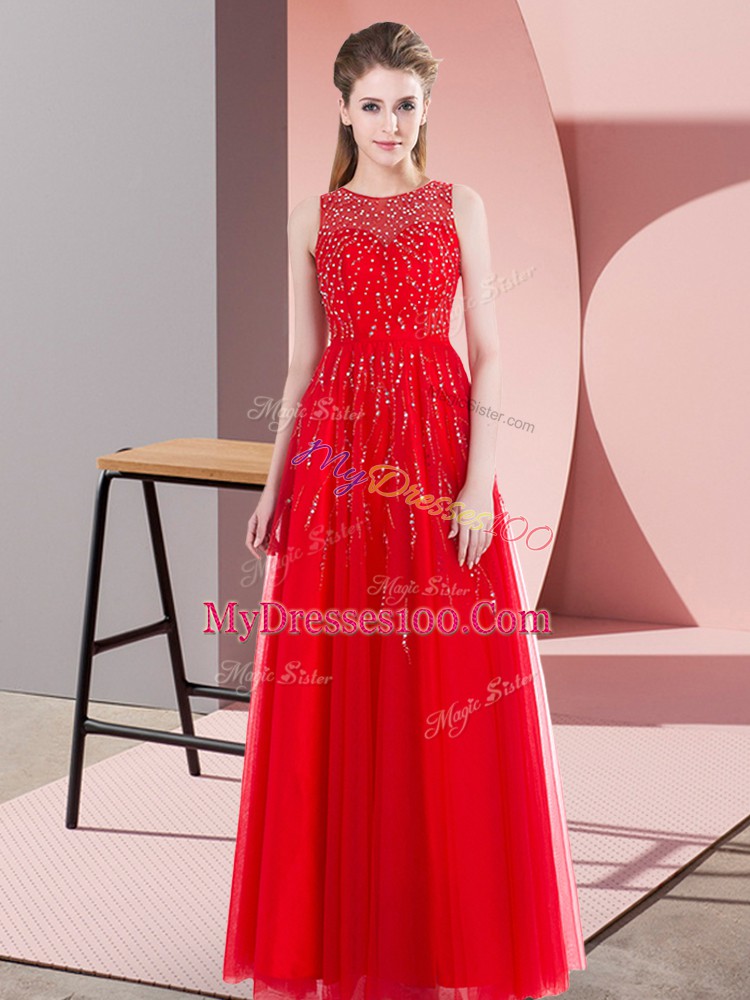 Dynamic Red Sleeveless Floor Length Beading Side Zipper Prom Party Dress