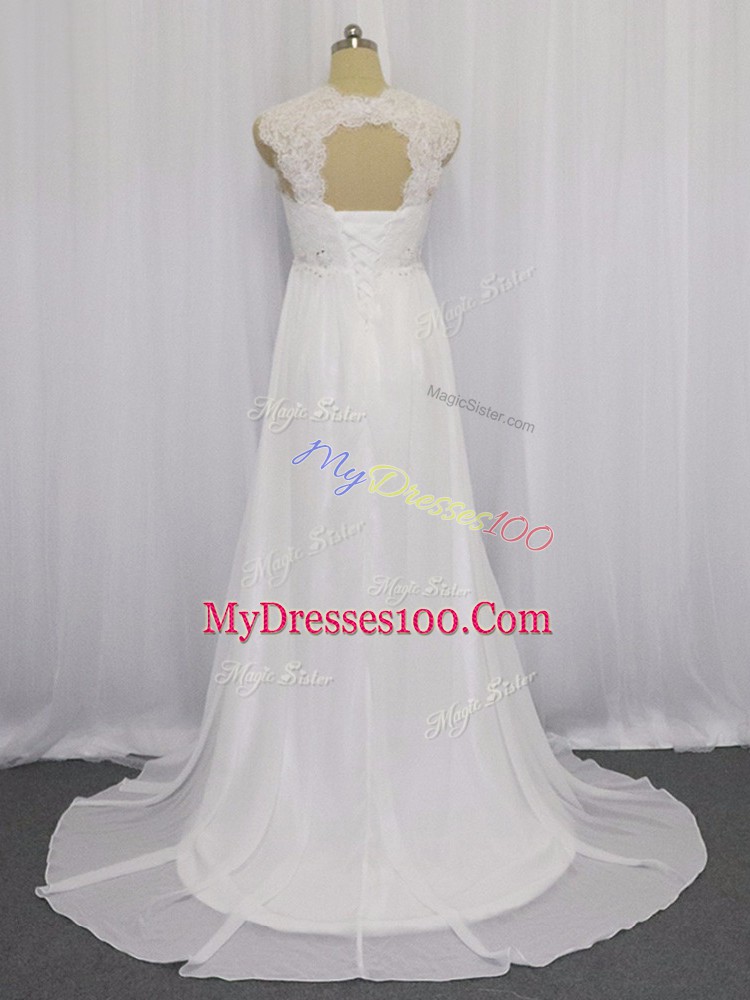Straps Sleeveless Brush Train Lace Up Wedding Gown White Chiffon