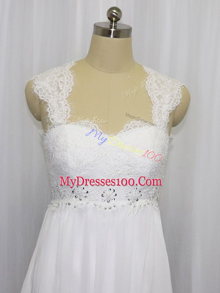 Straps Sleeveless Brush Train Lace Up Wedding Gown White Chiffon