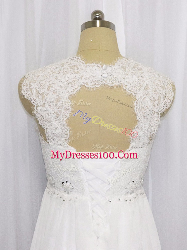Straps Sleeveless Brush Train Lace Up Wedding Gown White Chiffon