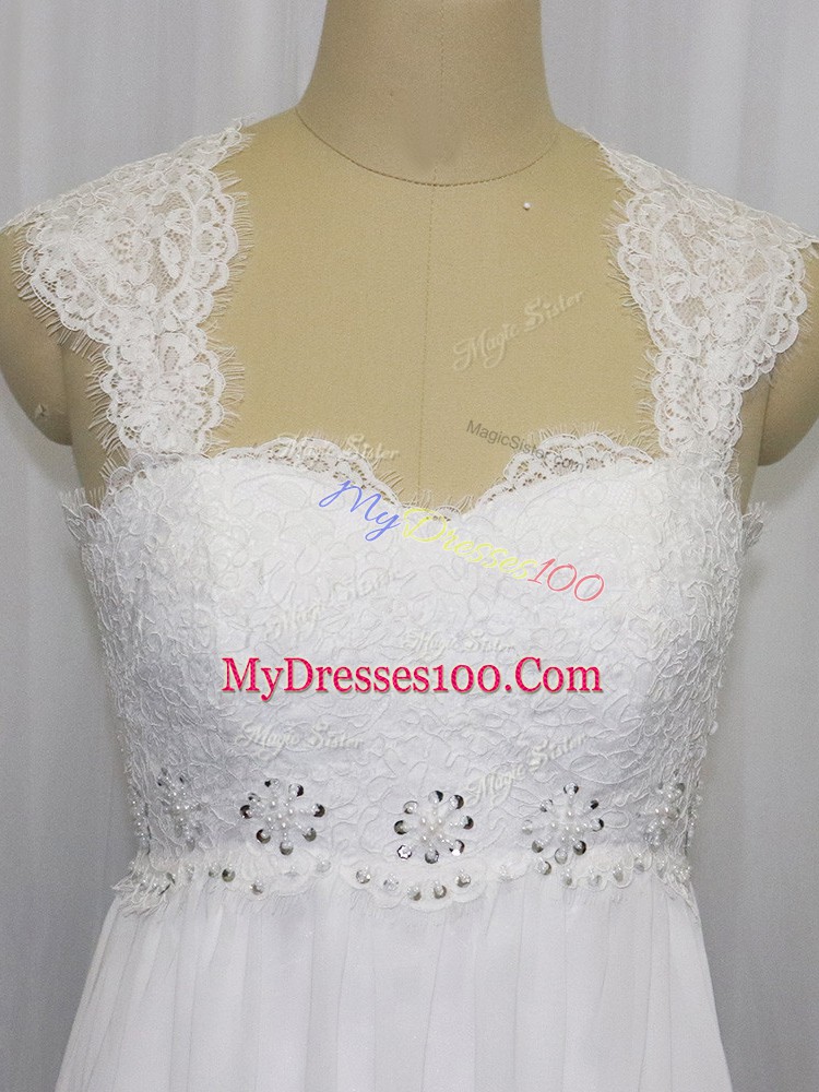 Straps Sleeveless Brush Train Lace Up Wedding Gown White Chiffon