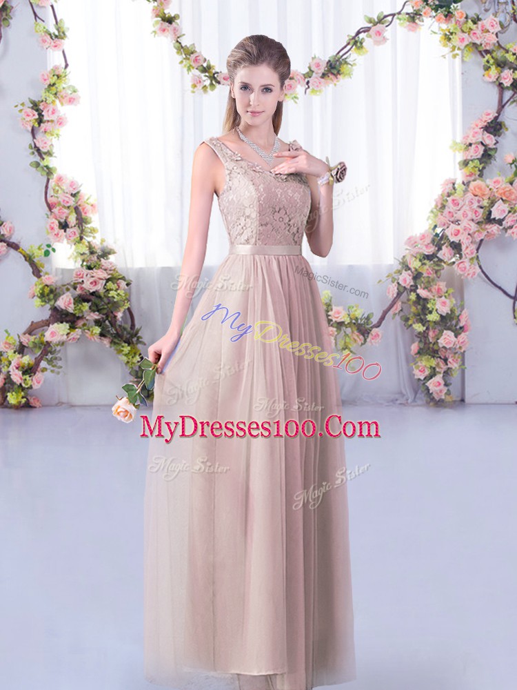 Sleeveless Tulle Floor Length Side Zipper Quinceanera Dama Dress in Pink with Lace and Belt