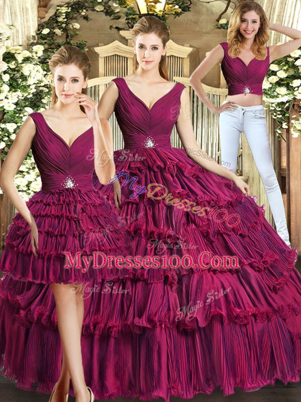 Elegant Burgundy Sleeveless Floor Length Ruffled Layers Backless Ball Gown Prom Dress