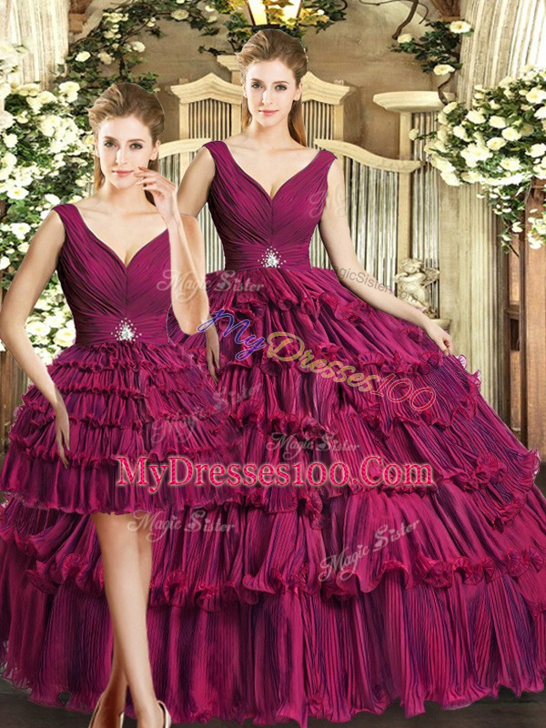 Elegant Burgundy Sleeveless Floor Length Ruffled Layers Backless Ball Gown Prom Dress