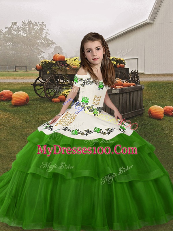 Most Popular Floor Length Green Kids Formal Wear Tulle Sleeveless Embroidery and Ruffled Layers