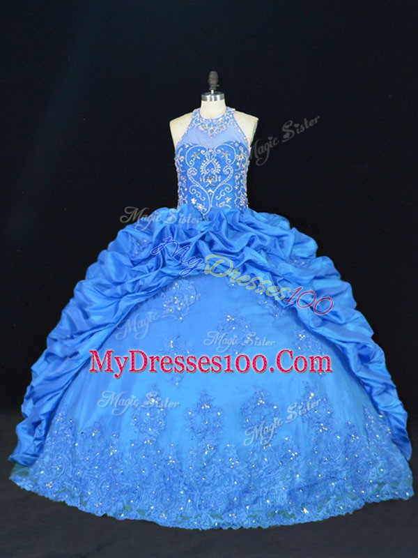 Perfect Blue Lace Up 15 Quinceanera Dress Beading and Appliques and Embroidery and Pick Ups Sleeveless Floor Length