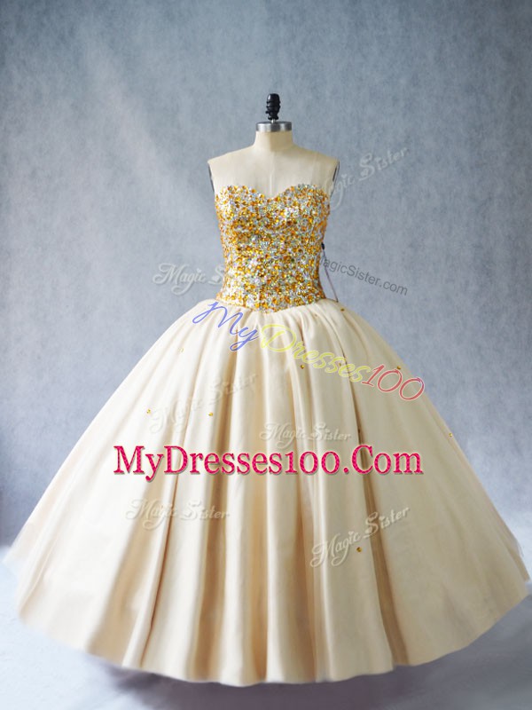 Floor Length Champagne 15th Birthday Dress Sweetheart Sleeveless Lace Up
