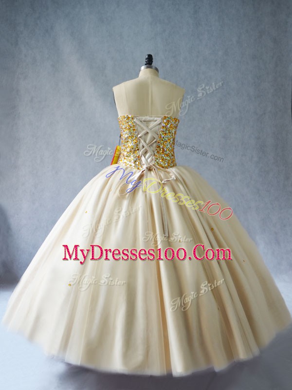 Floor Length Champagne 15th Birthday Dress Sweetheart Sleeveless Lace Up