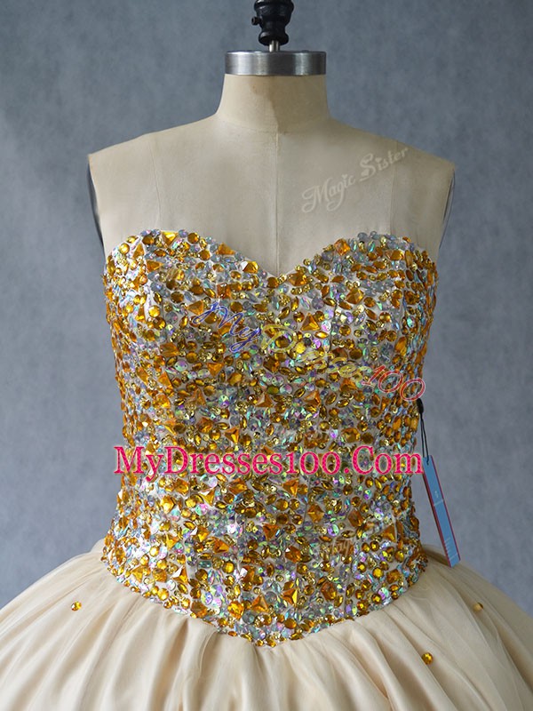 Floor Length Champagne 15th Birthday Dress Sweetheart Sleeveless Lace Up