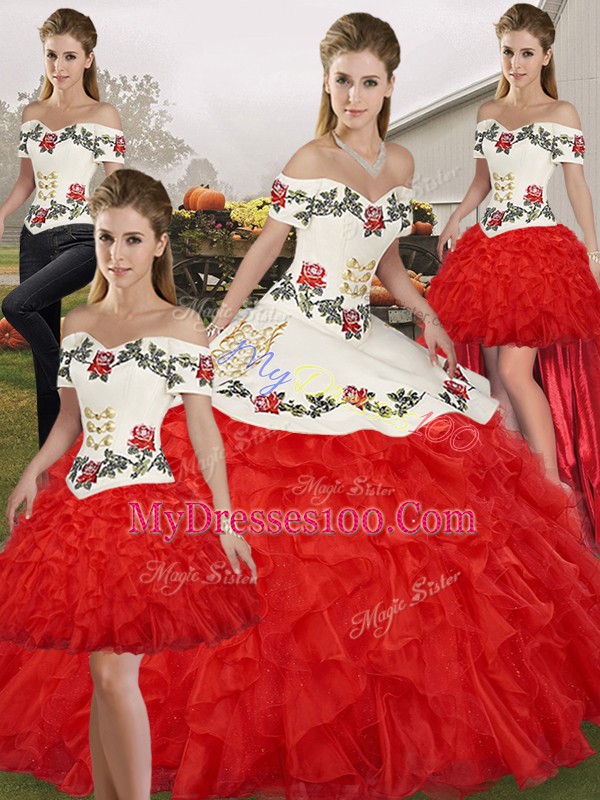 Fabulous Off The Shoulder Sleeveless Lace Up Sweet 16 Quinceanera Dress White And Red Organza