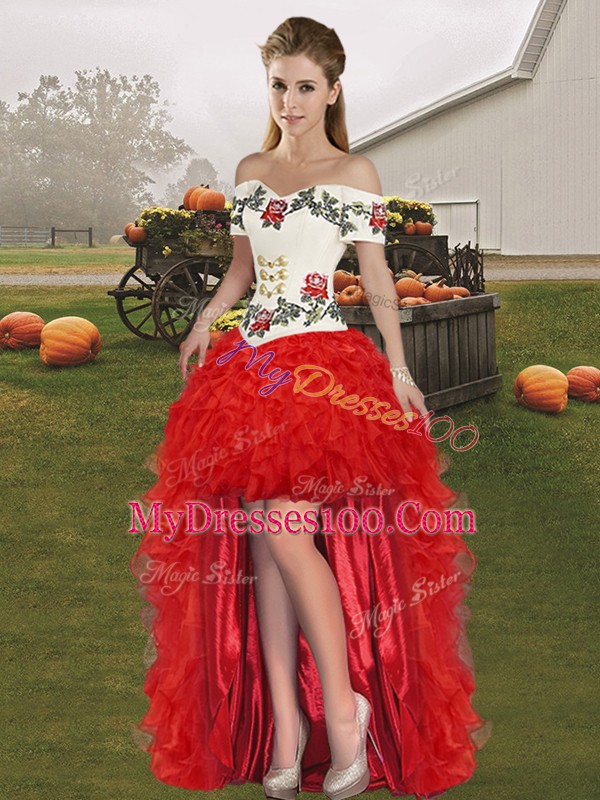 Fabulous Off The Shoulder Sleeveless Lace Up Sweet 16 Quinceanera Dress White And Red Organza