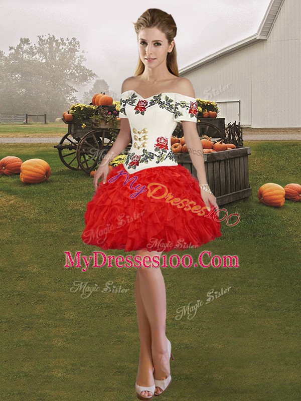 Fabulous Off The Shoulder Sleeveless Lace Up Sweet 16 Quinceanera Dress White And Red Organza