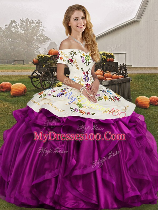 Exceptional Sleeveless Lace Up Floor Length Embroidery and Ruffles 15 Quinceanera Dress