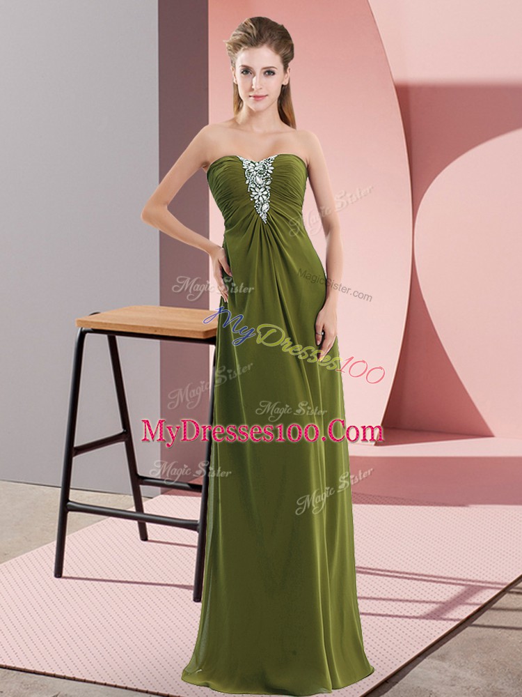 Olive Green Empire Beading Prom Gown Zipper Chiffon Sleeveless Floor Length