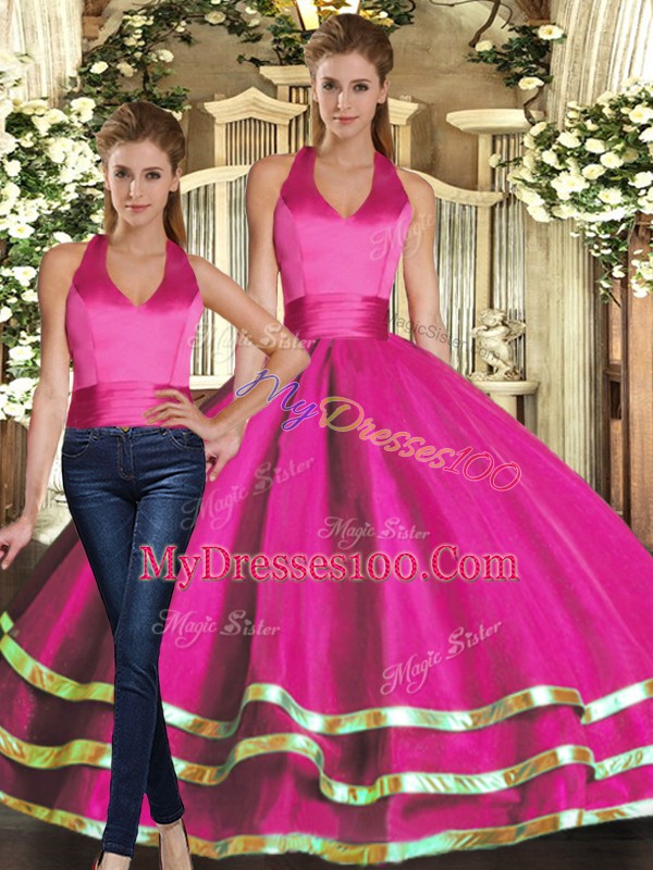 Fuchsia Tulle Lace Up Strapless Sleeveless Floor Length Quinceanera Gowns Ruffled Layers